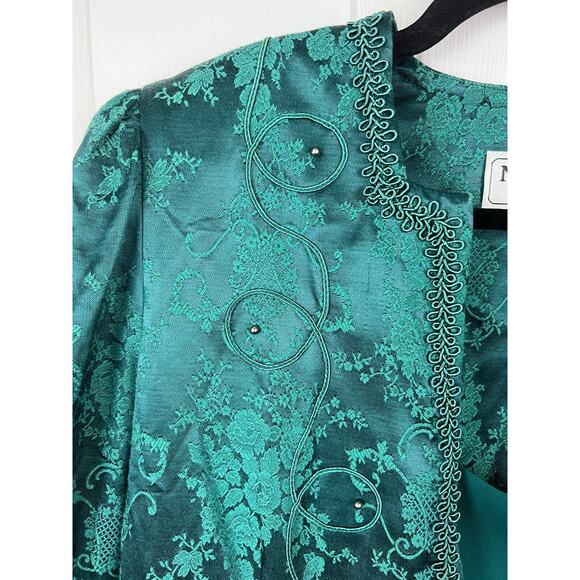 Vintage Nah Nah Dark Green Jacket Dress Set Size 14/16 Beaded Damask Chiffon - Picture 7 of 11